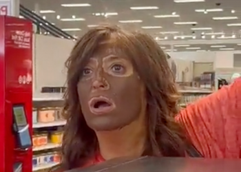Woman entered store with her face smeared in dark makeup, then told her excise to the employee who confronted her!